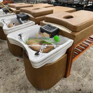 Giường gội đầu dưỡng sinh bồn sứ trắng viền đồng