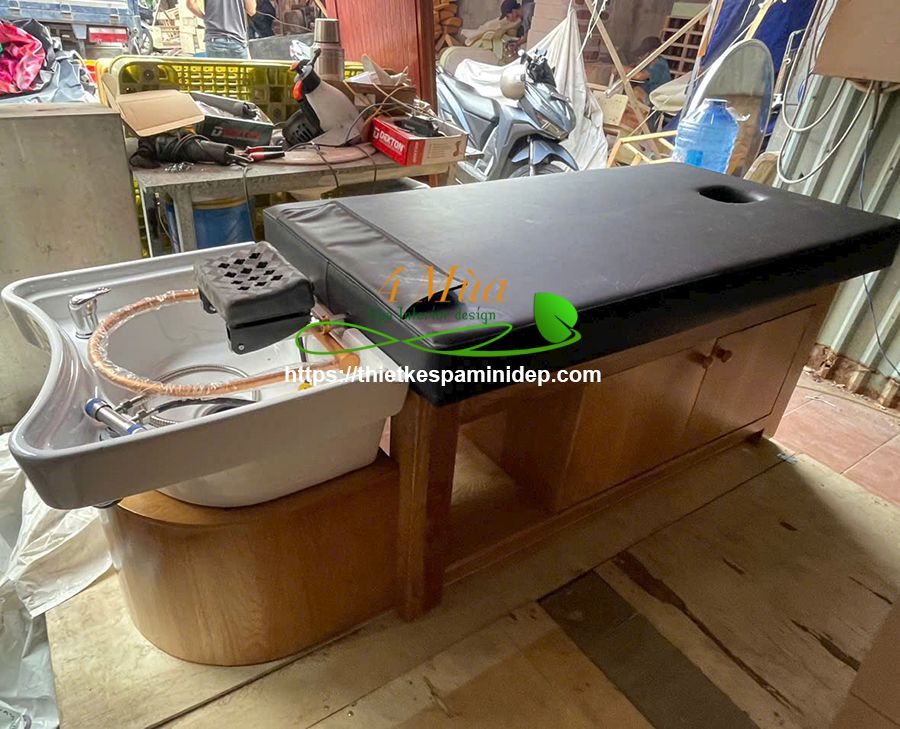 Giường gội đầu bồn sứ gỗ sồi mỹ có hộc