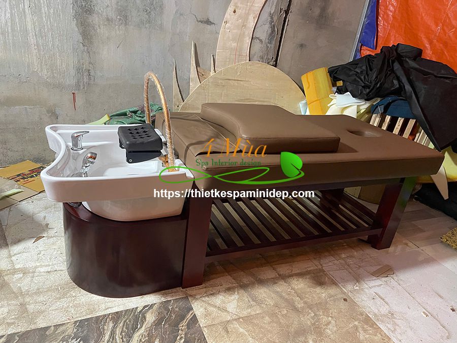 Giường gội đầu dưỡng sinh bồn sứ gỗ sồi
