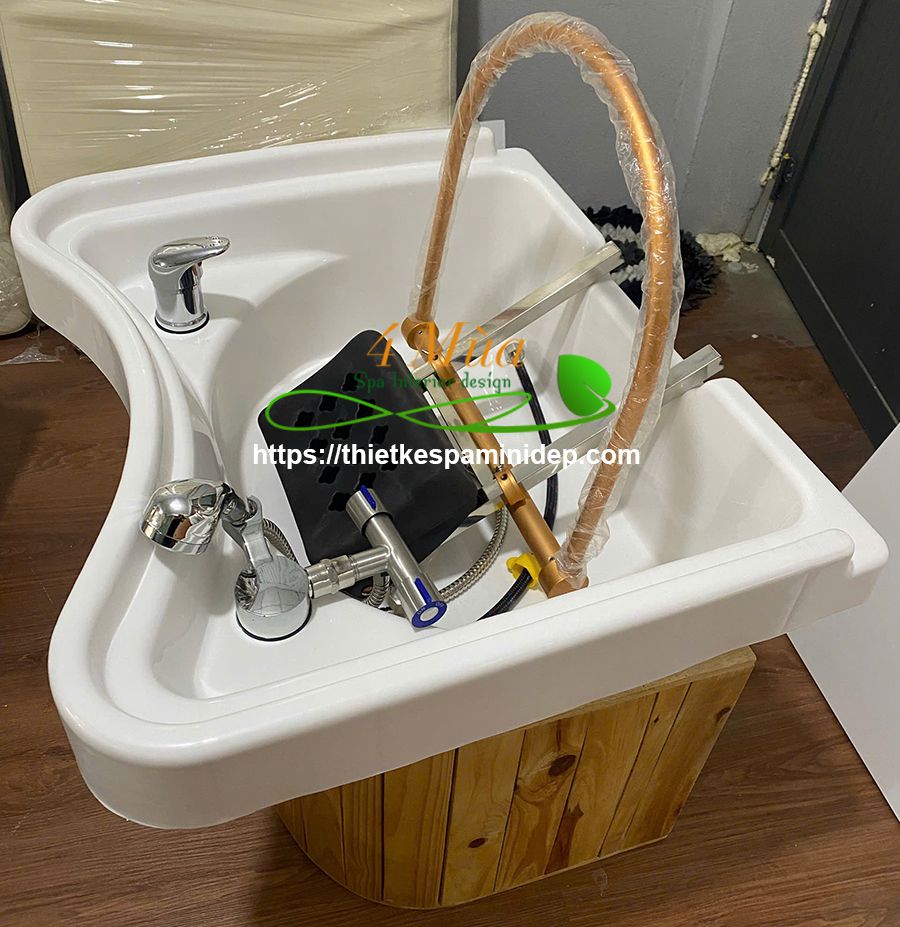 Combo bồn gội đầu dưỡng sinh bằng nhựa + đế gỗ 5 Bộ bồn gội đầu dưỡng sinh + đế gỗ