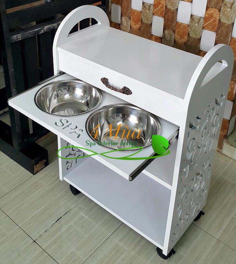 Kệ gỗ 3 tầng gỗ cắt CNC có thau inox