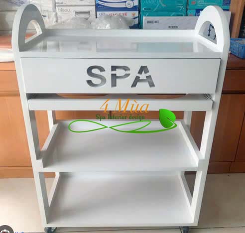 Kệ xe đẩy gỗ 3 tầng có chữ SPA
